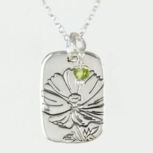 Far Fetched Peridot Cosmos Flower Quote Pendant Necklace 925 Sterling Silver